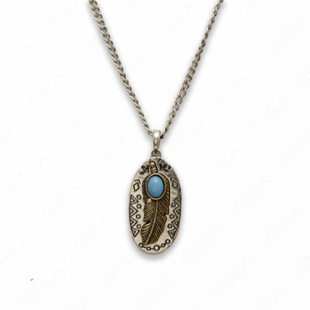 Zinc Alloy Syn Turquoise Cab W Antique Feather, Rhodium Plated Oval Necklace